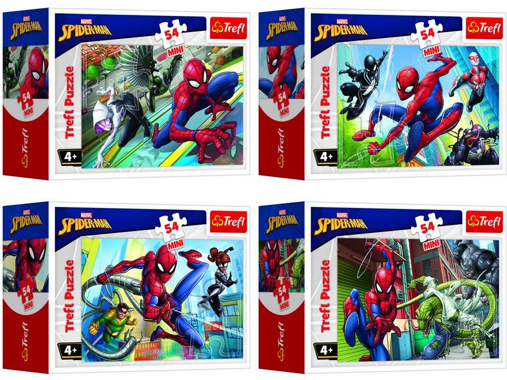 Minipuzzle 54 dílků Spidermanův čas 4 druhy v krabičce 9x6,5x4cm - Trefl