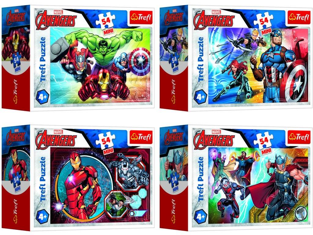 Minipuzzle 54 dílků Avengers/Hrdinové 4 druhy v krabičce 9x6,5x4cm - Trefl